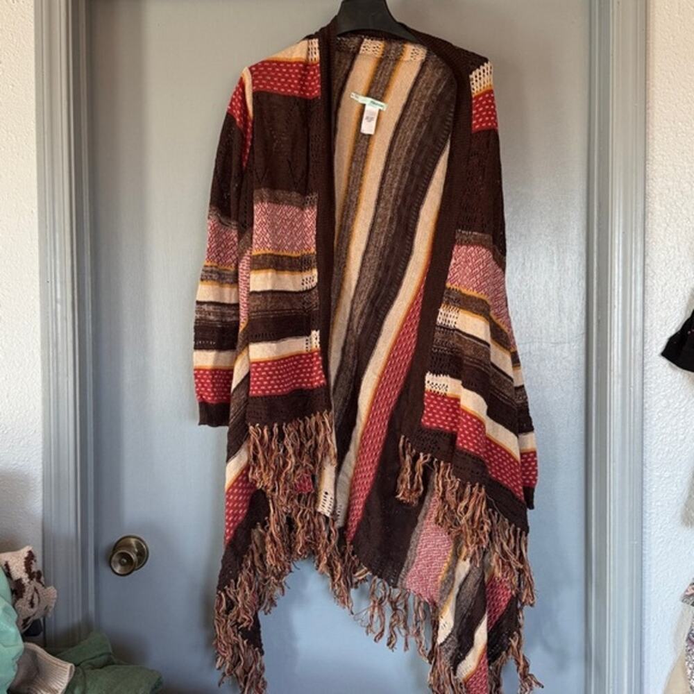 Maurices Lightweight Striped Brown Rust Cardigan Duster Sweater Fringed sz XL
